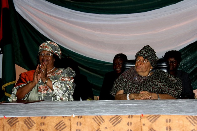 Malawi President Joyce Banda (left) and Liberia President Ellen Johnson Sirleaf at a women's rights event held at the Liberia Ministry of Gender and Development. Credit: Travis Lupick/IPS